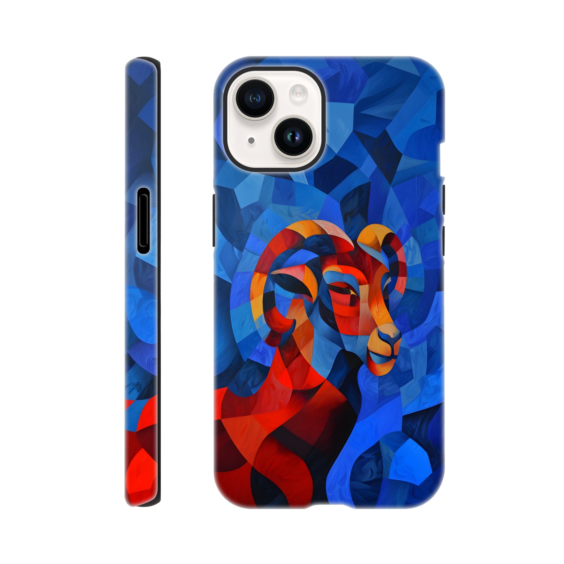 An Apple iPhone 14 Phone Case with a design of an Aries astrological sign- a Ram, in the style of cubism, blue, red,