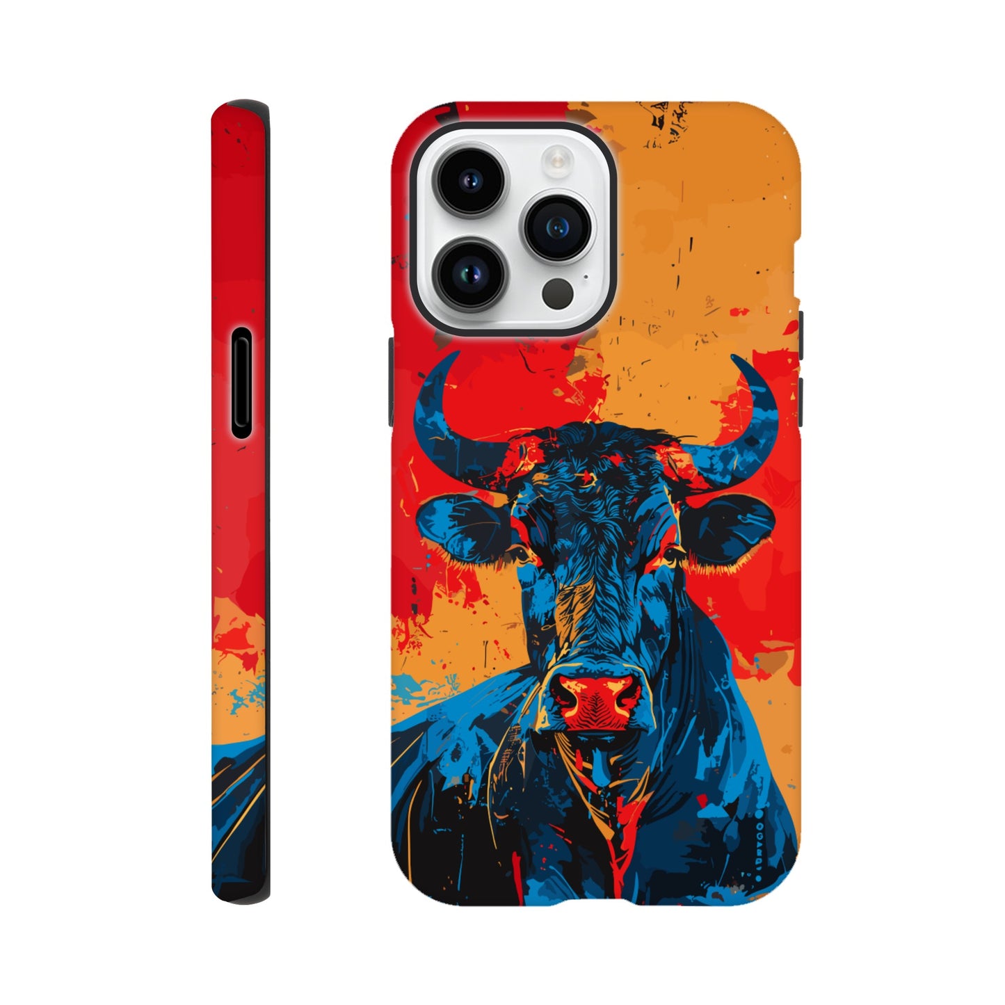 An Apple iPhone 14 Pro Max Phone Case with the following design on it: Abstract blue bull on a red background in the style of urban graffiti, the Bull is the symbol for the astrological sign of Taurus, flat painting with brush strokes, strong color contrast in the style of urban street art, cool and confident expression of the blue ox with an eye-catching label and strong visual impact