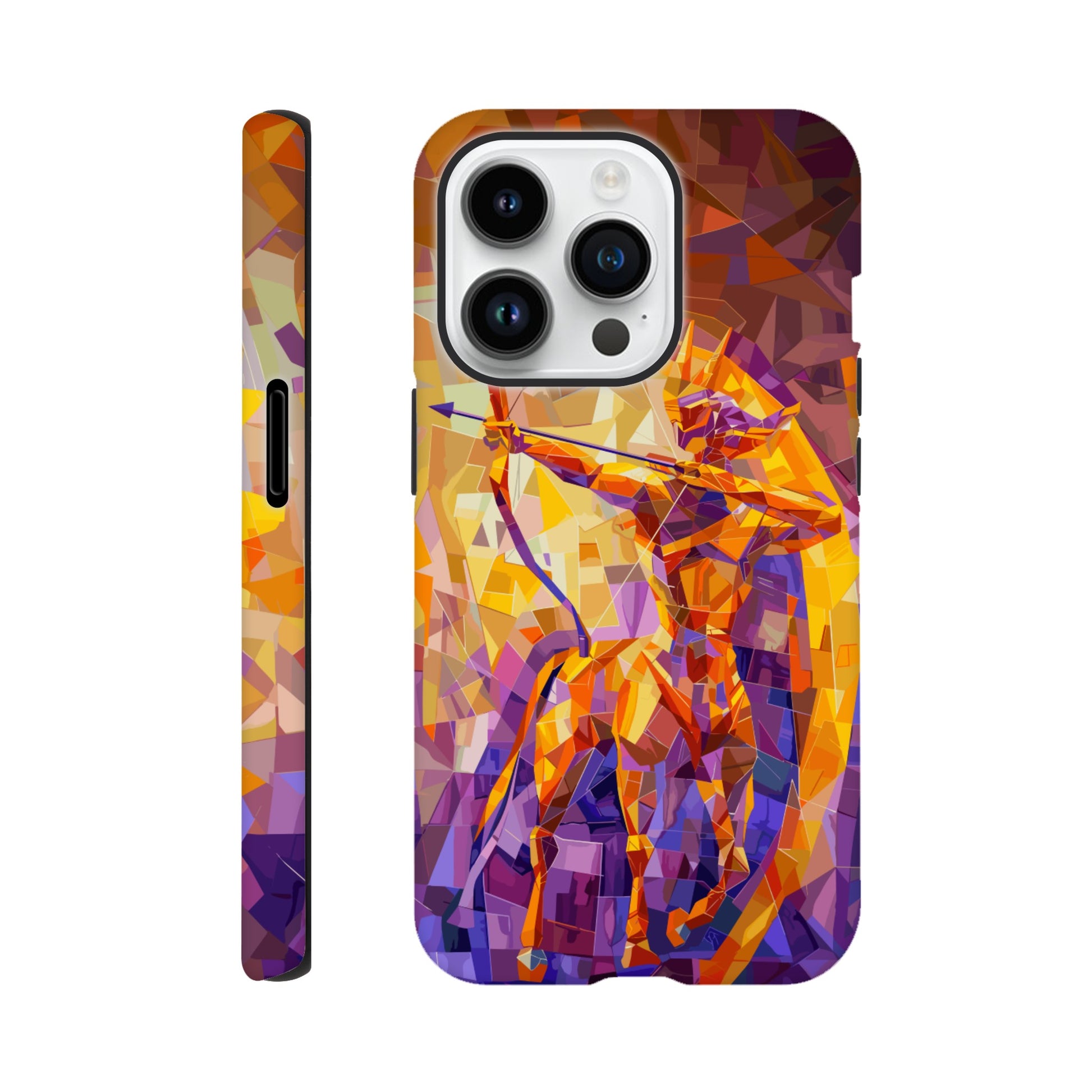 An Apple iPhone 14 Pro Phone Case with the following design on it: A centaur- the half man half horse archer and symbol of the astrological sign Sagittarius, the character is imagined through an artist who is adept at the artistic style of cubism, orange, purple, yellow