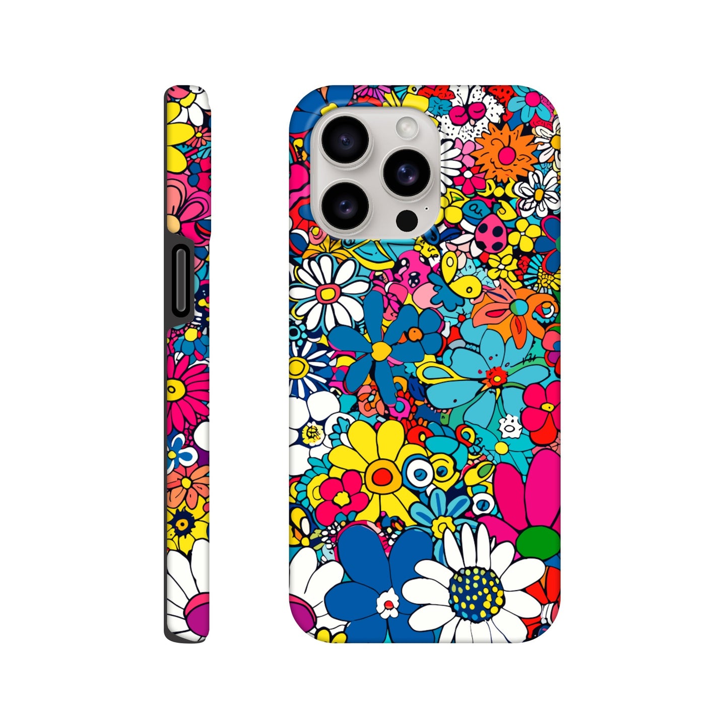 An Apple iPhone 15 Pro Max Phone Case with the following design on it : Lots of retro looking flowers of multiple colors with no discernible arrangement against a white background. 