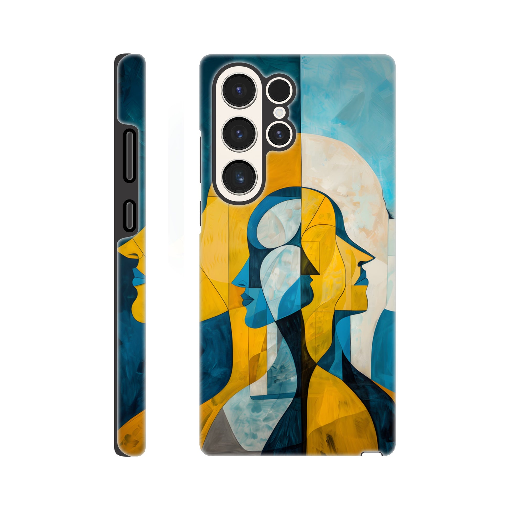 A Samsung Galaxy S23 Ultra Phone Case with the following design on it - the Gemini Astrological sign depicting twins facing away from one another, the twins are of no specific sexual or ethnic orientation, yellow, baby blue, white, cubism