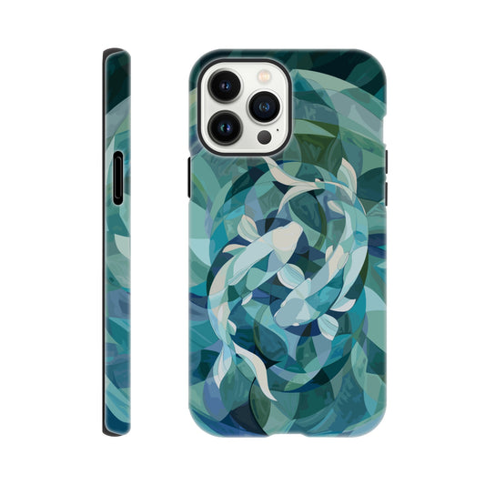 An Apple iPhone 13 Pro Max Phone Case with the following design on it : A representation of the Pisces zodiac sign depicted as follows - A geometric abstract painting of fish swimming in circles, using shades and shapes to create the illusion that they form an endless circle. The color palette is soft with pastel blues and greens, giving it a calming effect. This artwork symbolizes motion, energy flow, chaos theory, infinite reflection, balance between movement and stillness