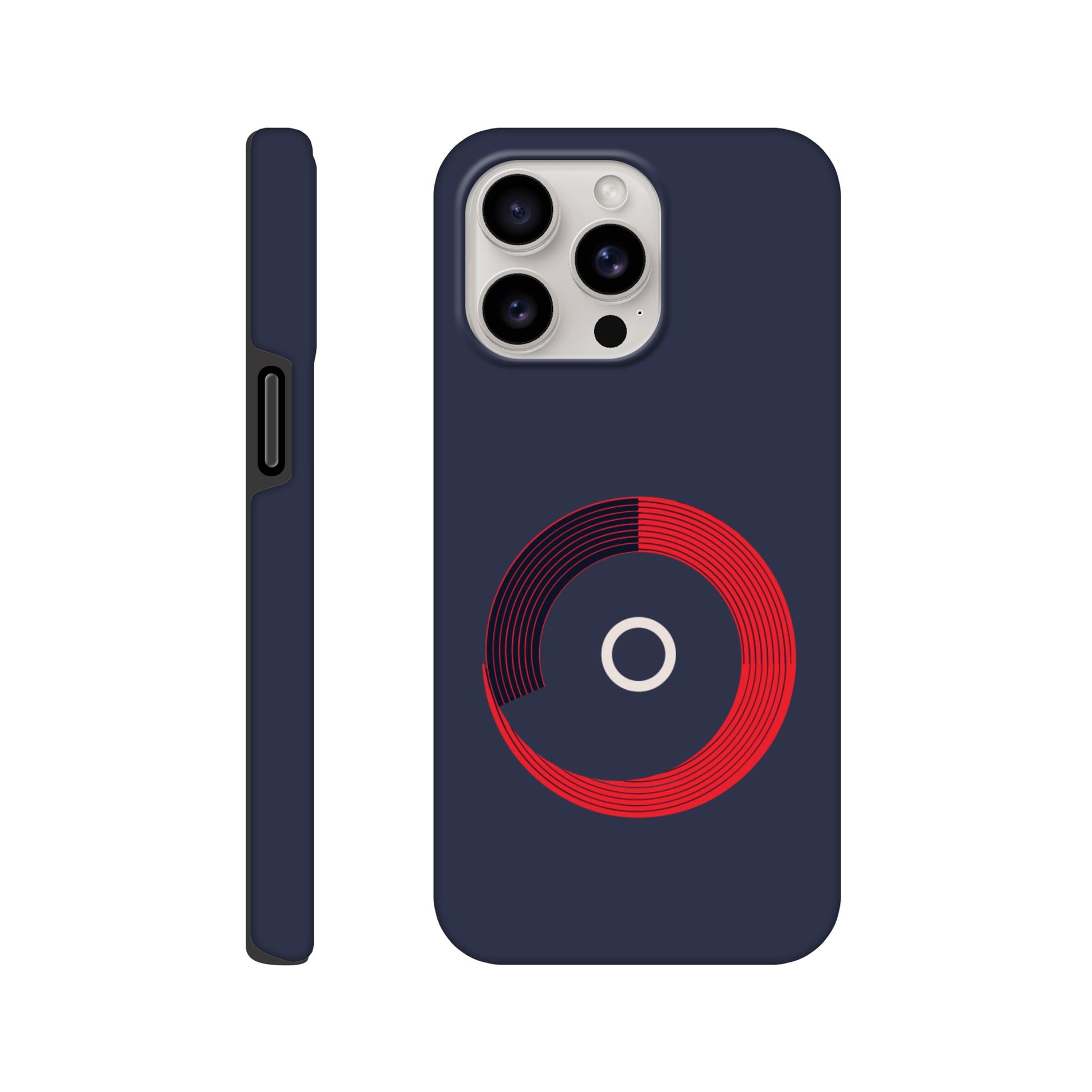 An Apple iPhone 15 Pro Max Phone Case with the following design on it: a red circle with black curved lines in the circle that make it look like bleachers from above on a navy blue background, there is a white circle in the center, a sleek and modern appearance, subtle gradients for depth effect