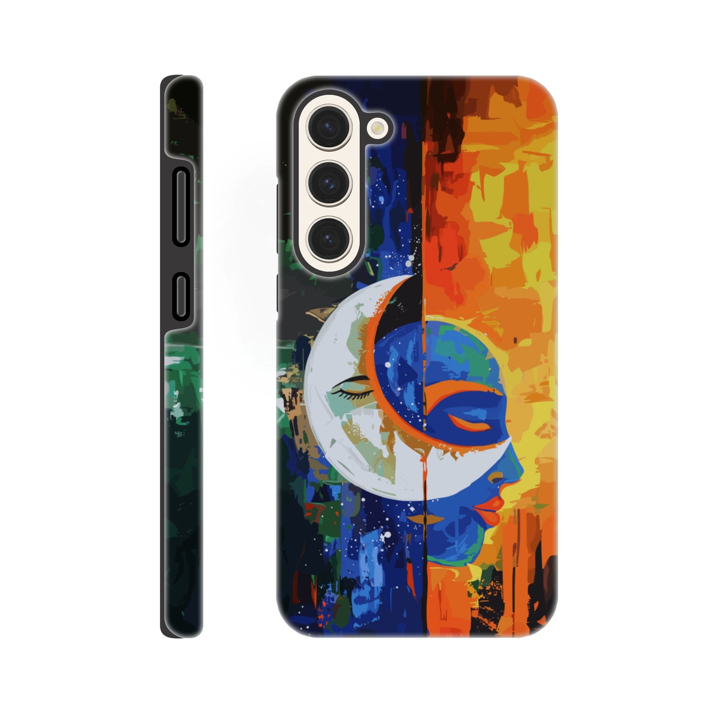 A Samsung Galaxy S23 Plus Phone Case with the following design on it - Abstract painting of a crescent moon and sun in the sky, half is orange blue green color with black silhouette of male face, other side has bright vibrant colors, abstract, modern art style