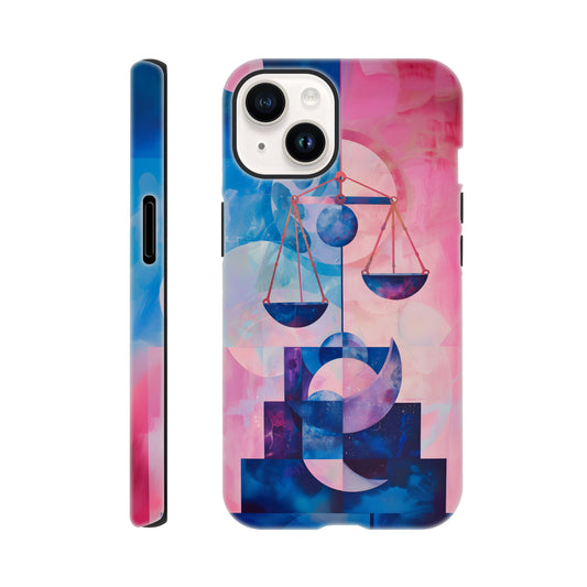 An Apple iPhone 14 Phone Case with the following design on it : The Zodiac symbol for Libra, scales of justice theme, planet Venus in the background, Bauhaus style, royal blue, light pink