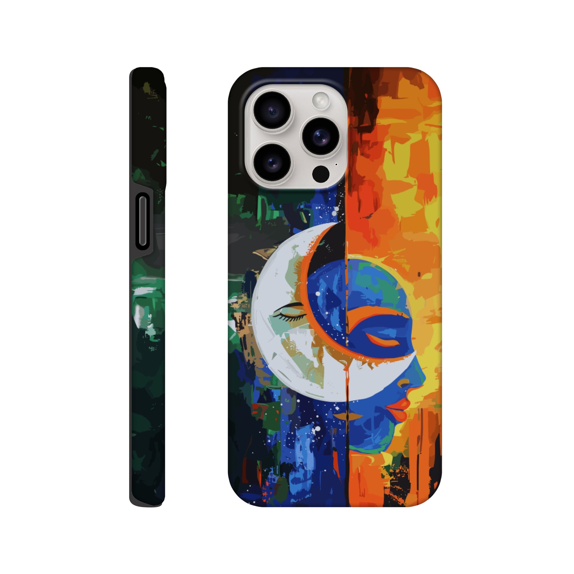 An Apple iPhone 15 Pro Max Phone Case with the following design on it - Abstract painting of a crescent moon and sun in the sky, half is orange blue green color with black silhouette of either a female or male face, other side has bright vibrant colors, abstract, modern art style