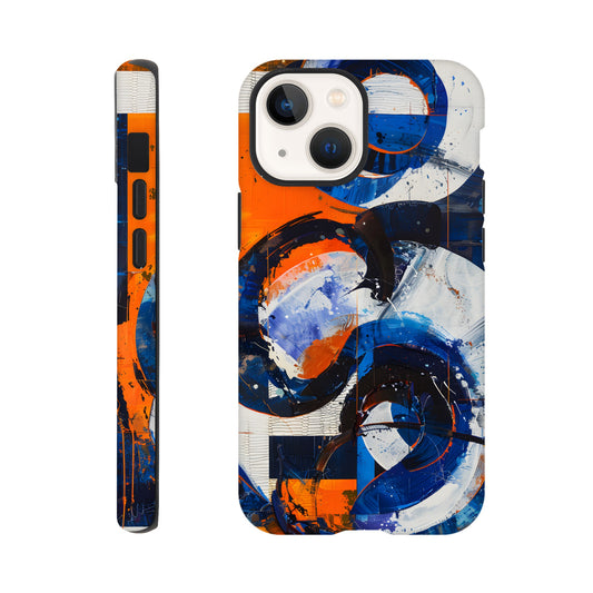 An iPhone 13 Mini Phone Case with the following design on it - An abstract painting of circles and squares in orange, blue and white, with an overall sense of movement and vitality. The background is collage-like, with elements such as textures, lines, stripes, scribbles and splashes of paint, along with irregular shapes