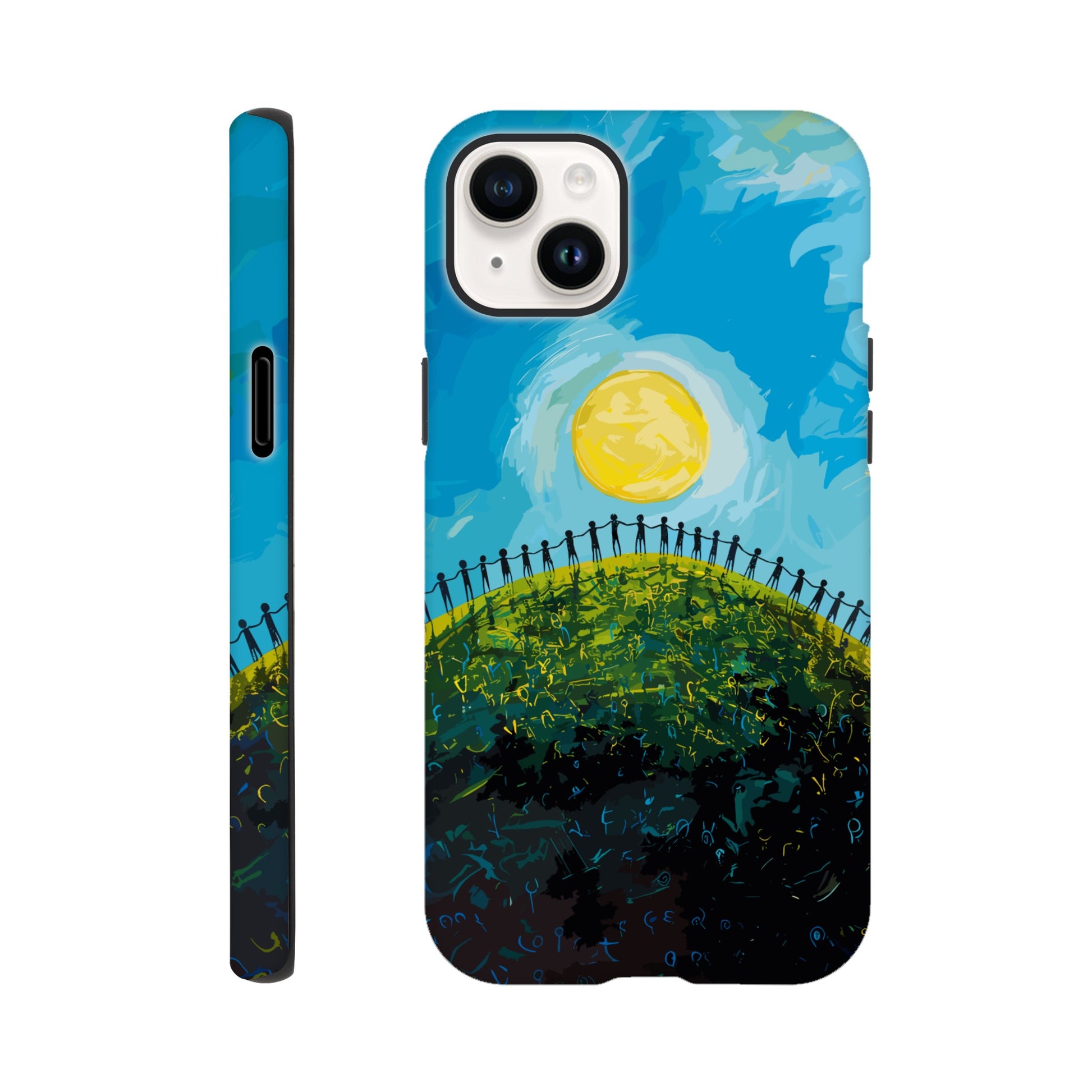 An Apple iPhone 14 Plus Phone Case with the following design on it : a large group of dozens of non distinct human forms holding hands under a bright sun on a beautiful green hill with a beautiful blue sky above, pop art