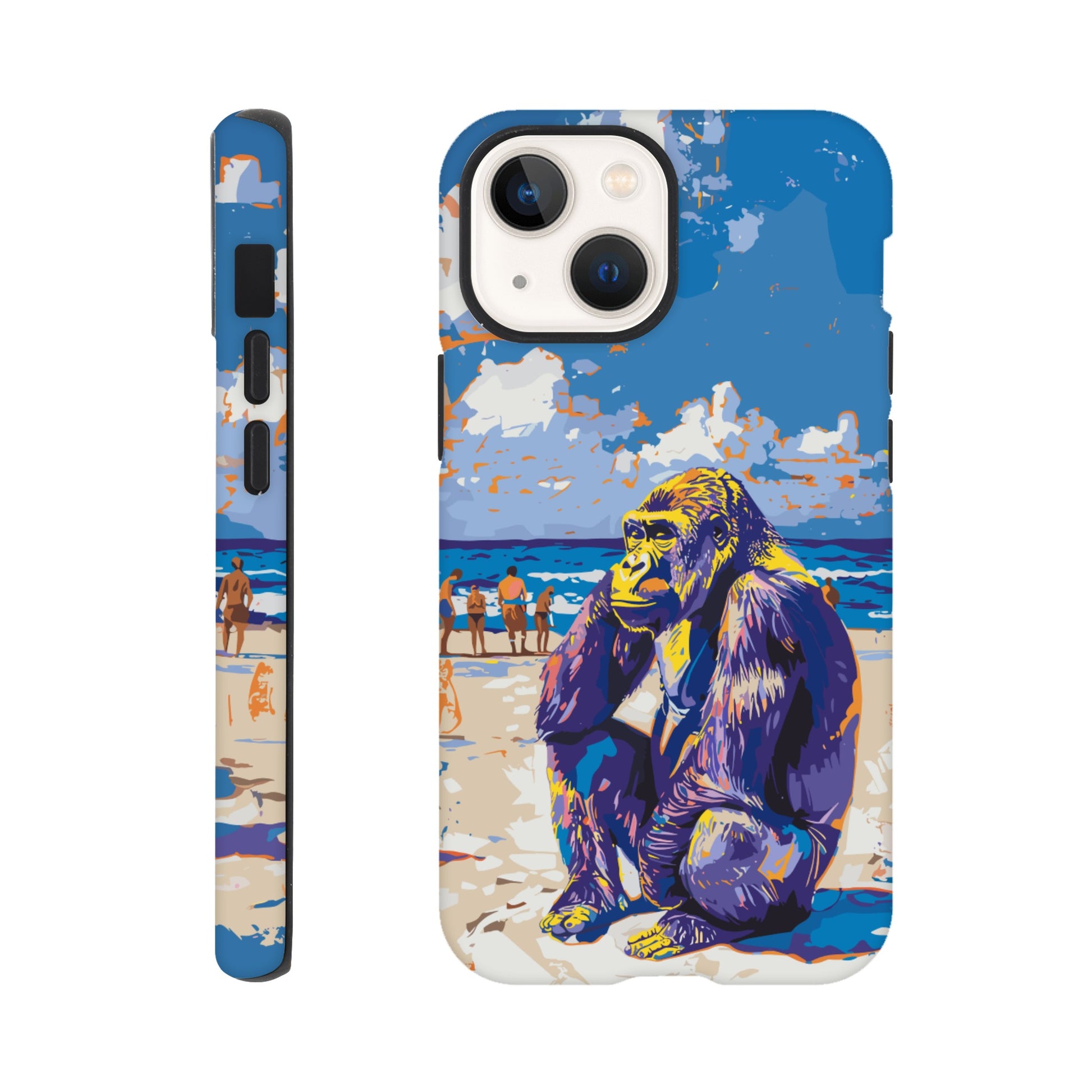 An iPhone 13 Mini  with a design of a Gorilla at the beach thinking while a diverse group of people stroll along the beach in the background, royal blue, orange, purple, yellow, white, fauvism meets pop art