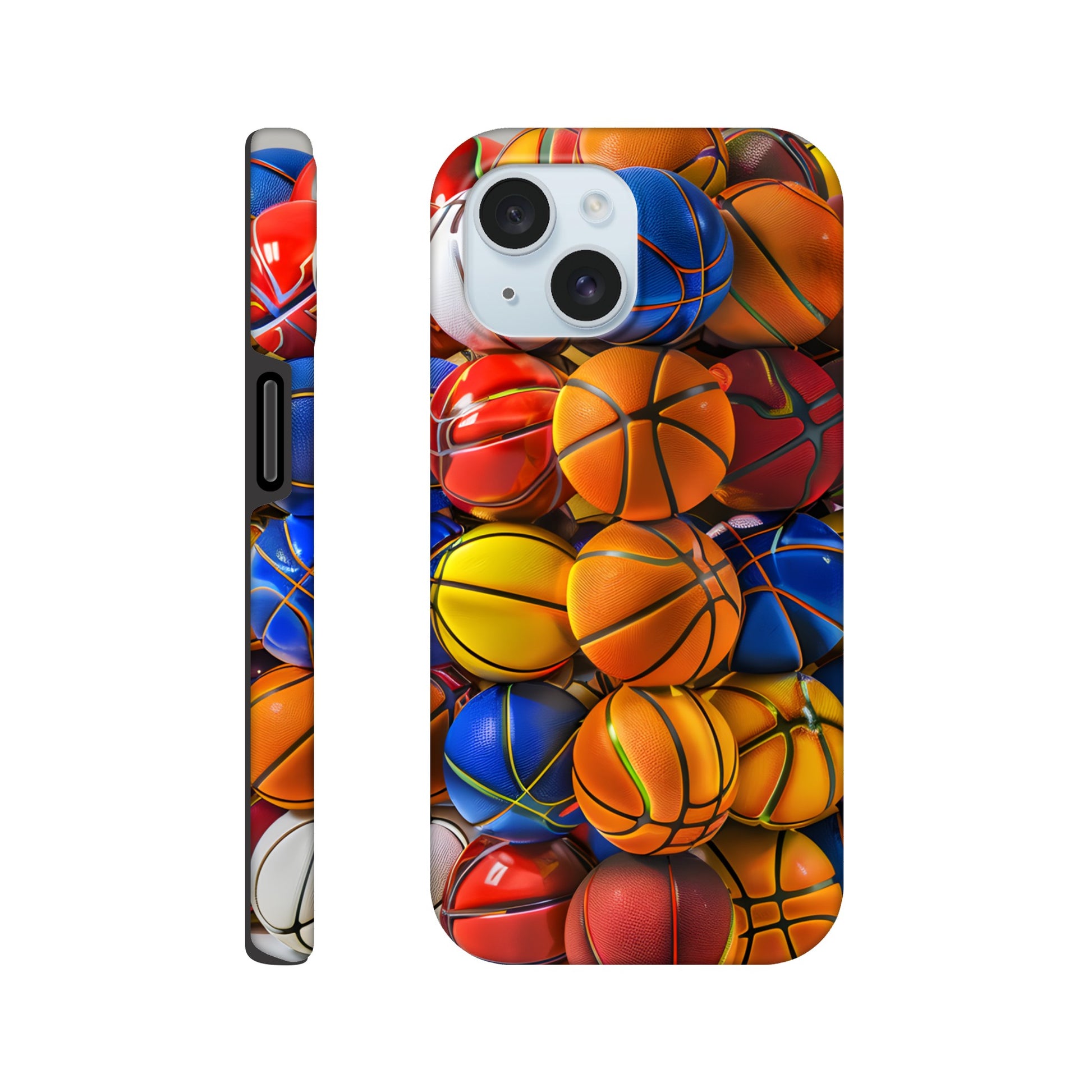 An Apple iPhone 15 Phone Case adorned with an image of a lot of basketballs, of a variety of primary colors, in the form of cube