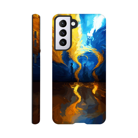 A Samsung Galaxy S21 Phone Case with the following design on it -An abstract image of flowing thunder/lightning and waves. The colors of blue, orange, and yellow. There are two human forms facing each other in the middle of the image.  