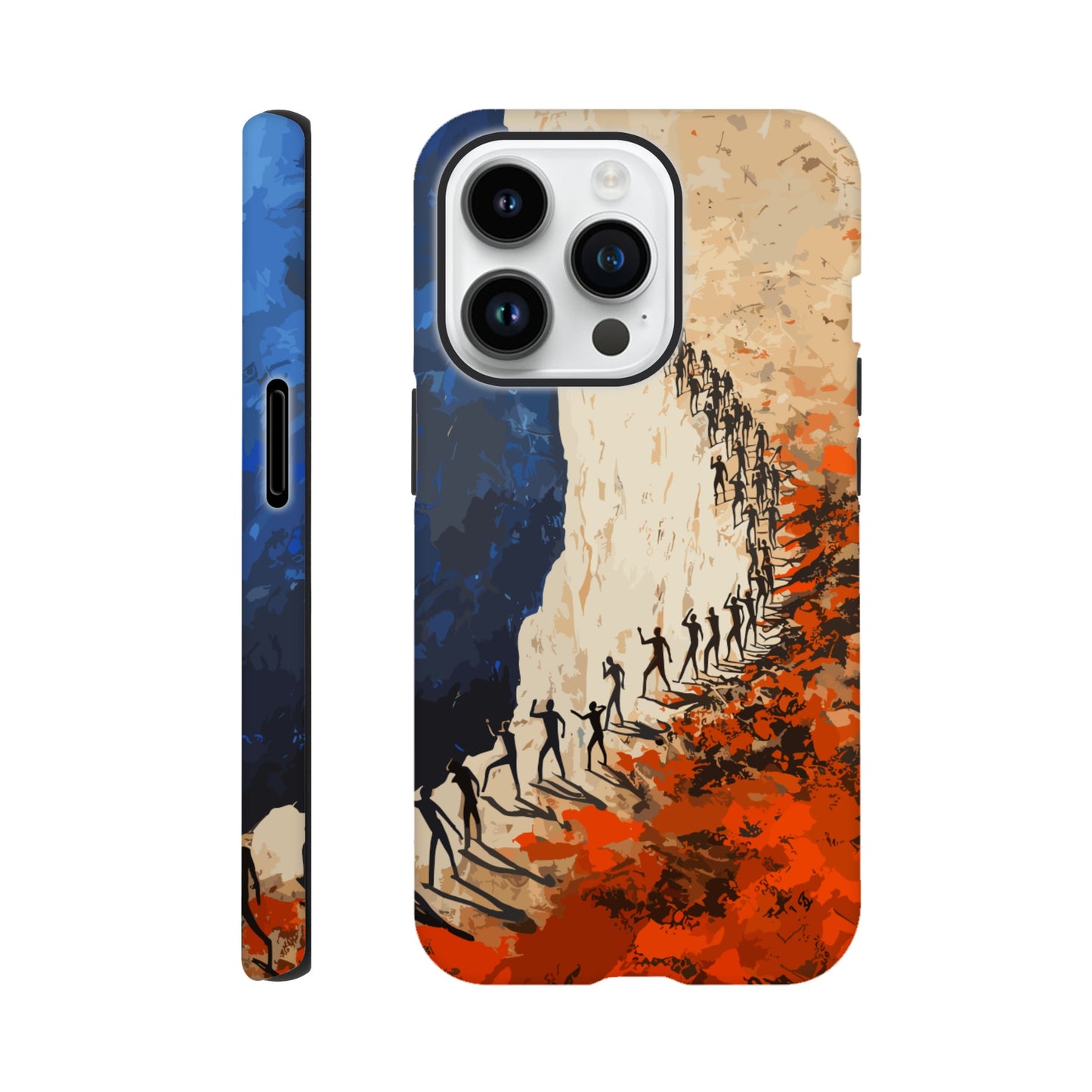 An Apple iPhone 14 Pro Phone Case with the following design on it: a very large group of human forms all pointing in different directions as they are marching towards a cliff, royal blue, white, red, orange, style of fauvism