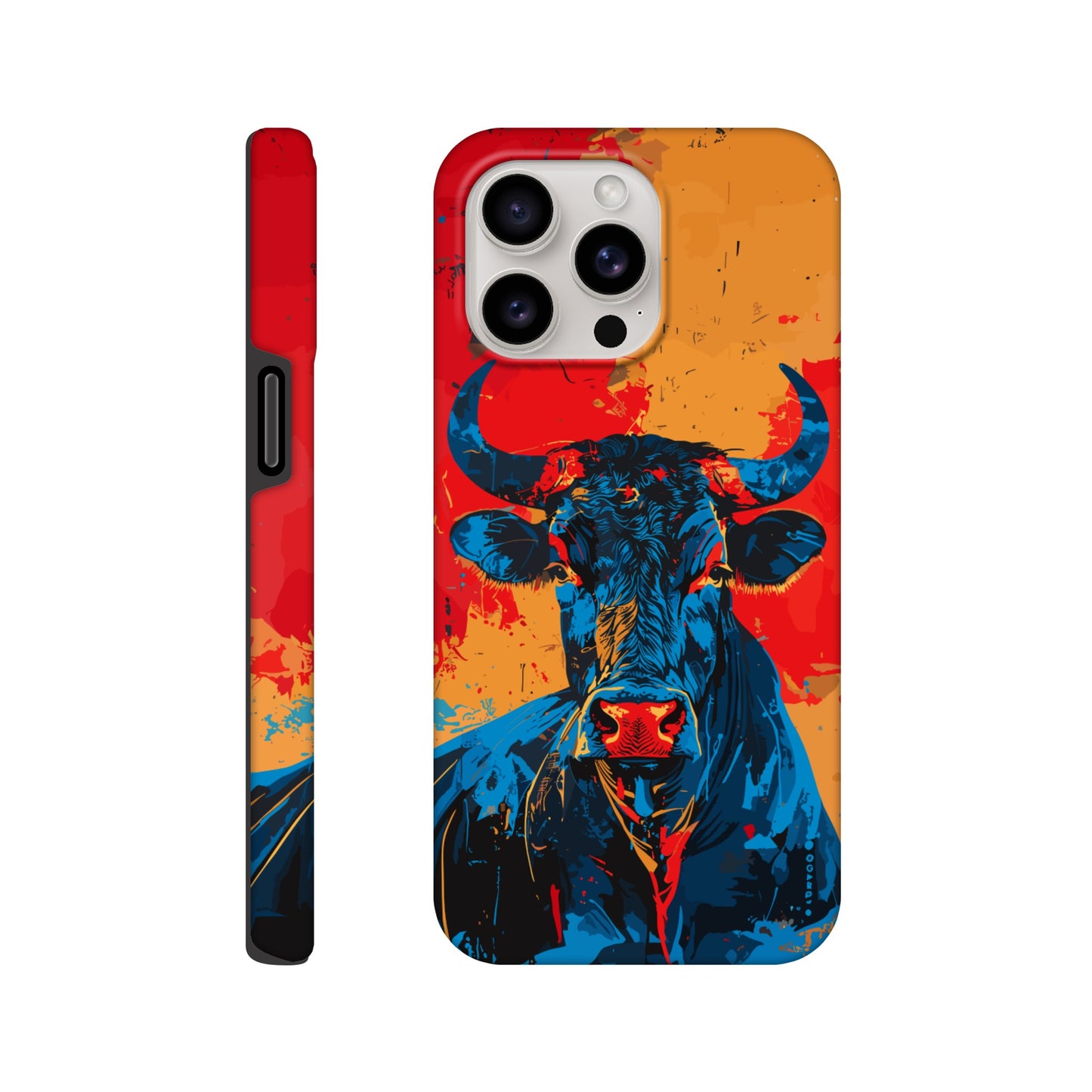 An Apple iPhone 15 Pro Max Phone Case with the following design on it: Abstract blue bull on a red background in the style of urban graffiti, the Bull is the symbol for the astrological sign of Taurus, flat painting with brush strokes, strong color contrast in the style of urban street art, cool and confident expression of the blue ox with an eye-catching label and strong visual impact