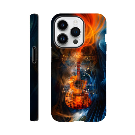 An Apple iPhone 14 Pro Phone Case with the following design on it: A Koa Guitar with musical notes swirling around it, blue and red smoke swirling around both the Guitar and notes, in the style of a digital art, dark blue background, orange glow on guitar, symmetrical composition, high resolution, hyper realistic, high contrast, vibrant colors, detailed textures of wood and strings