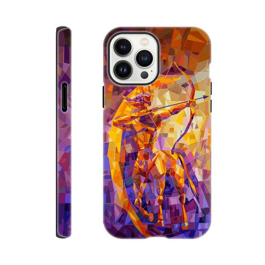 An Apple iPhone 13 Pro Max Phone Case with the following design on it: A centaur- the half man half horse archer and symbol of the astrological sign Sagittarius, the character is imagined through an artist who is adept at the artistic style of cubism, orange, purple, yellow