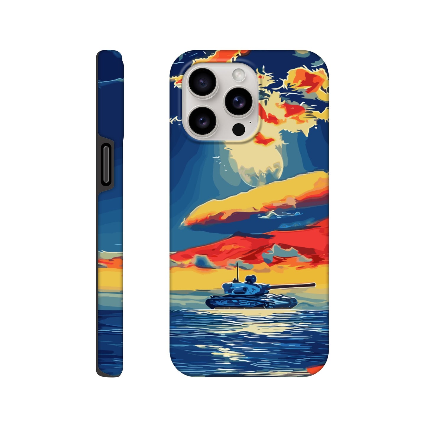 An Apple iPhone 15 Pro Max Phone Case with the following design on it : A tank is sailing on the sea, with colorful clouds in the sky and a sunset reflection on the water surface, the style of an oil painting. The main colors of red, blue, yellow and orange are presented in a flat illustration