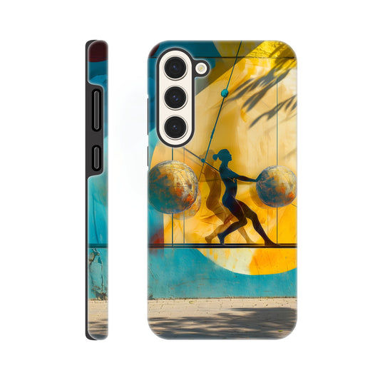 A Samsung Galaxy S23 Plus Phone Case with the following design on it: A colorful mural depicting the figure of a Female athlete with two circles and three spheres in yellow, blue, and red colors, painted on concrete walls. A woman is running between them while holding another sphere in her hand. The shadows cast by palm trees create dynamic patterns that highlight details like dots and lines, adding depth to the scene