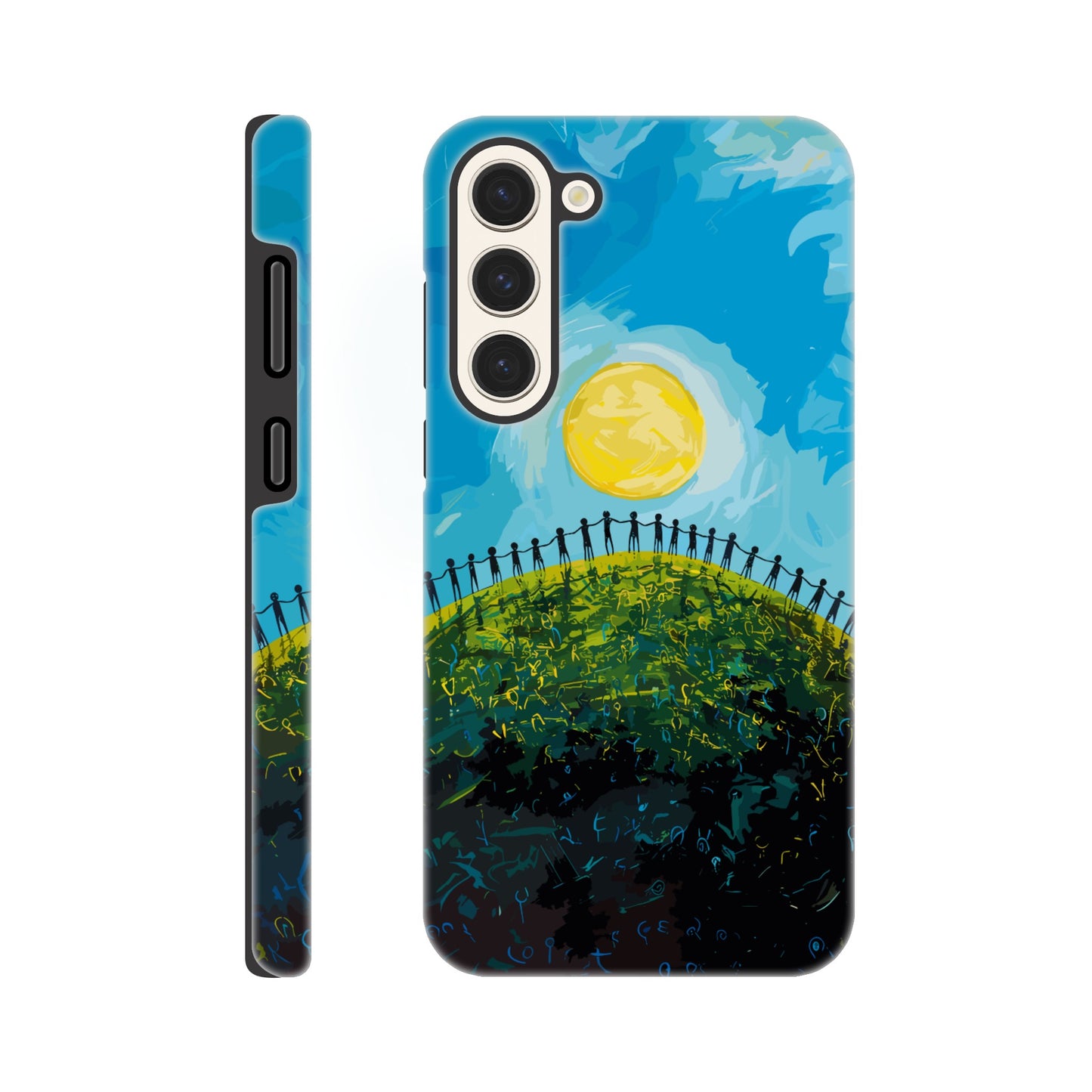 A Samsung Galaxy S23 Plus Phone Case with the following design on it : a large group of dozens of non distinct human forms holding hands under a bright sun on a beautiful green hill with a beautiful blue sky above, pop art