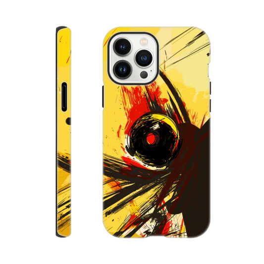 An Apple iPhone 13 Pro Max Phone Case with the following design on it : Abstract drawing of a humanoid insect hybrid figure,  red and black colors. In the style of comic brush strokes that creates a kind of frenetic energy with a light yellow background.