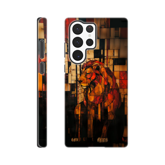 A Samsung Galaxy S22 Ultra Phone Case with the following design on it - The Zodiac symbol for Leo - a Lion made of geometric shapes, composed of red and brown blocks. The background is dark with a blurred effect. In the style of stained glass