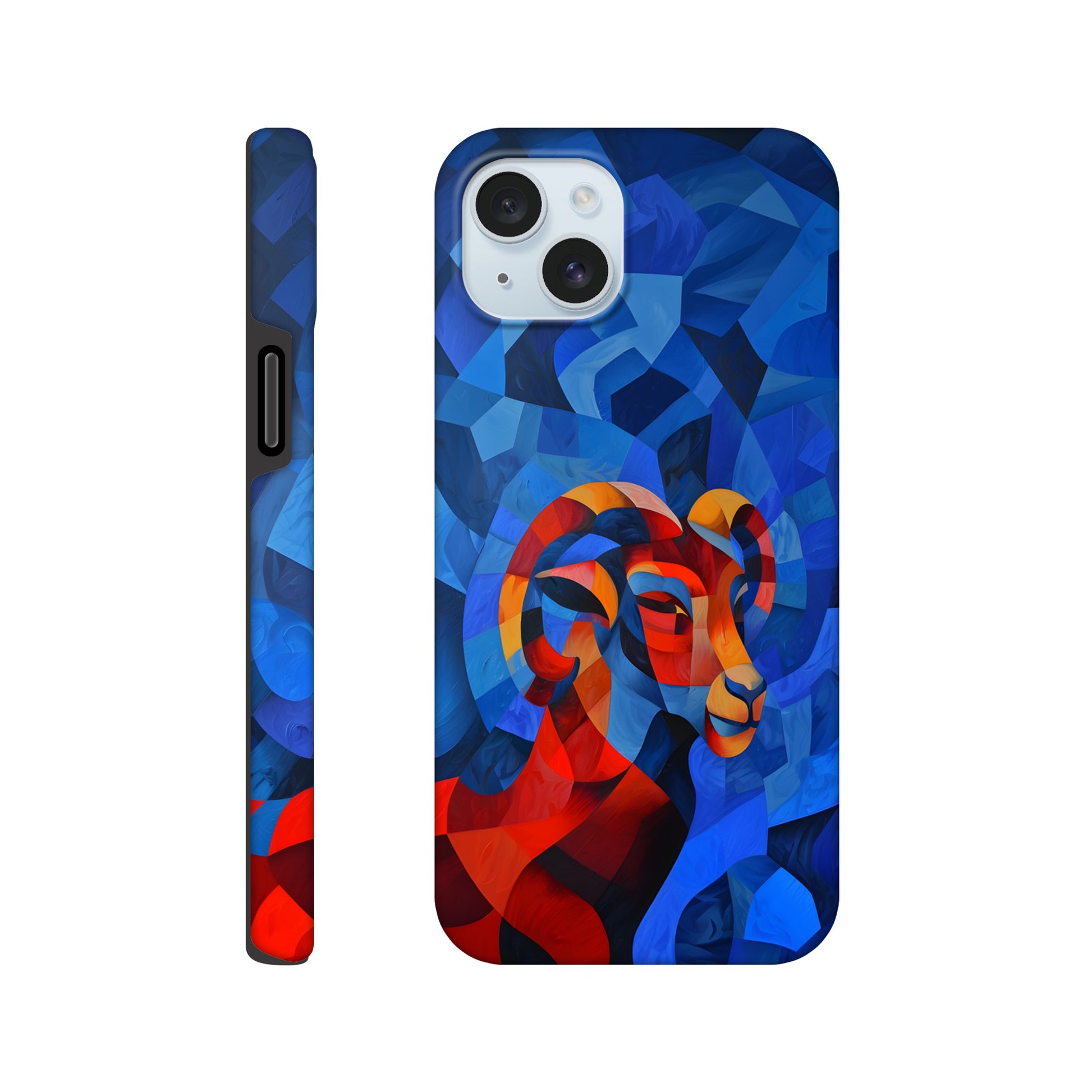 An Apple iPhone 15 Plus Phone Case with a design of an Aries astrological sign- a Ram, in the style of cubism, blue, red,