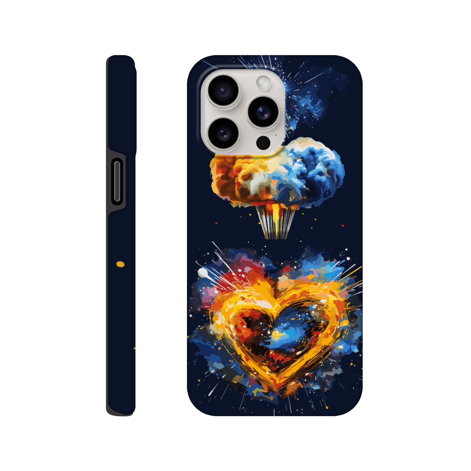 An Apple iPhone 15 Pro Max Phone Case with the following design on it - heart shaped milky way galaxy with a nuclear mushroom cloud emanating from the heart, pop art, royal blue, yellow, white, silver, black, orange