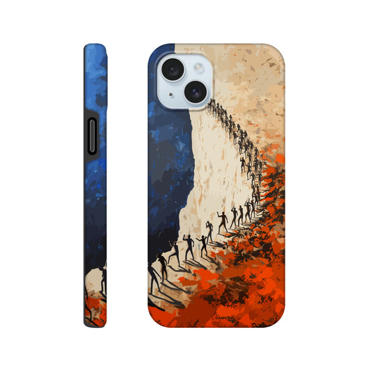 An Apple iPhone 15 Plus Phone Case with the following design on it: a very large group of human forms all pointing in different directions as they are marching towards a cliff, royal blue, white, red, orange, style of fauvism