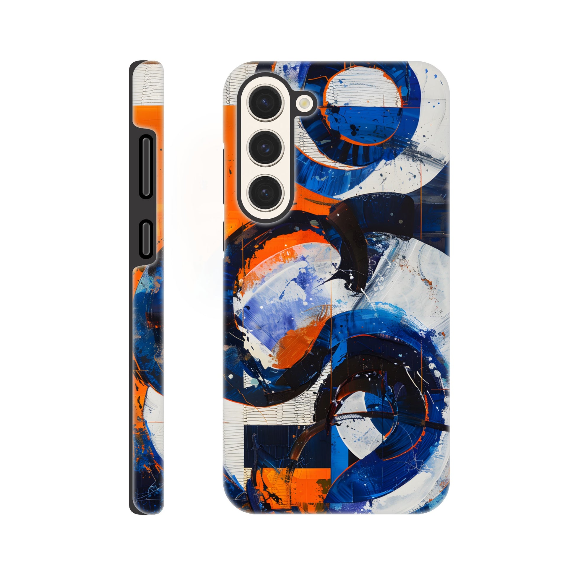 A Samsung Galaxy S23 Plus Phone Case with the following design on it - An abstract painting of circles and squares in orange, blue and white, with an overall sense of movement and vitality. The background is collage-like, with elements such as textures, lines, stripes, scribbles and splashes of paint, along with irregular shapes