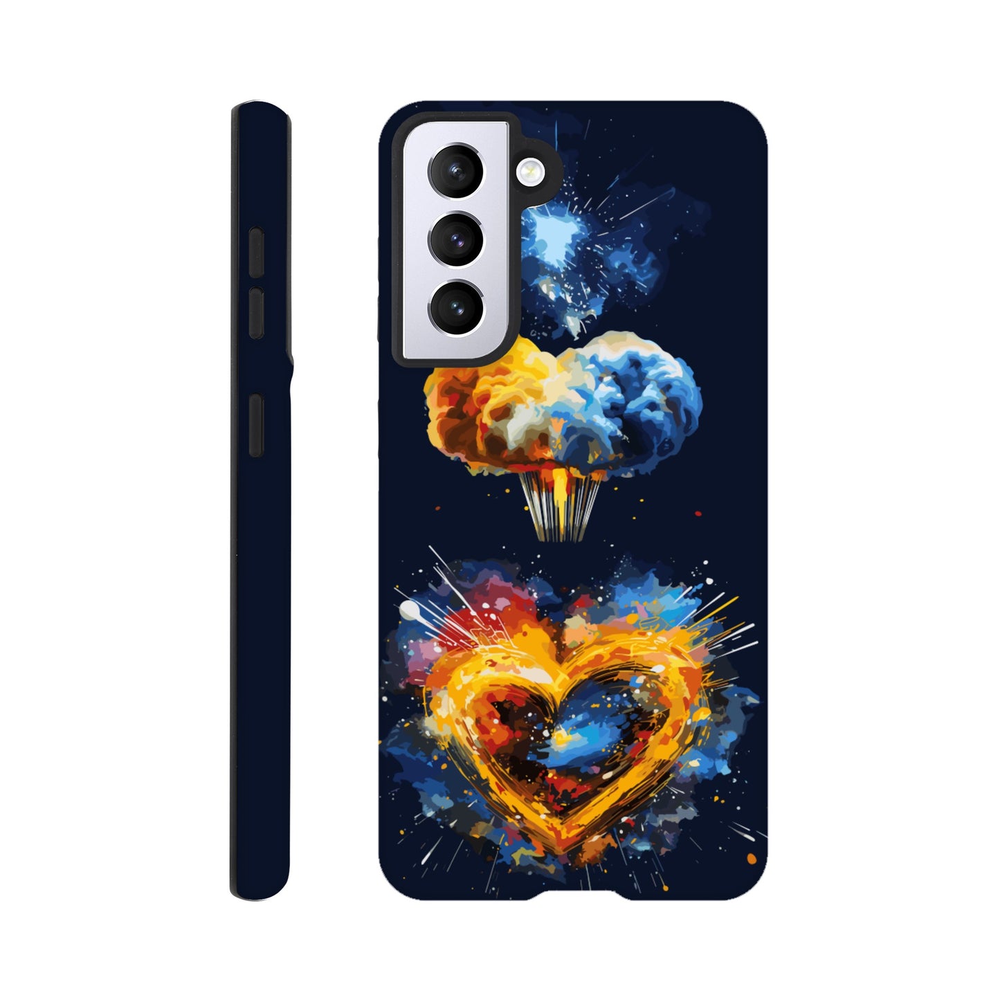 A Samsung Galaxy S21 Phone Case with the following design on it - heart shaped milky way galaxy with a nuclear mushroom cloud emanating from the heart, pop art, royal blue, yellow, white, silver, black, orange