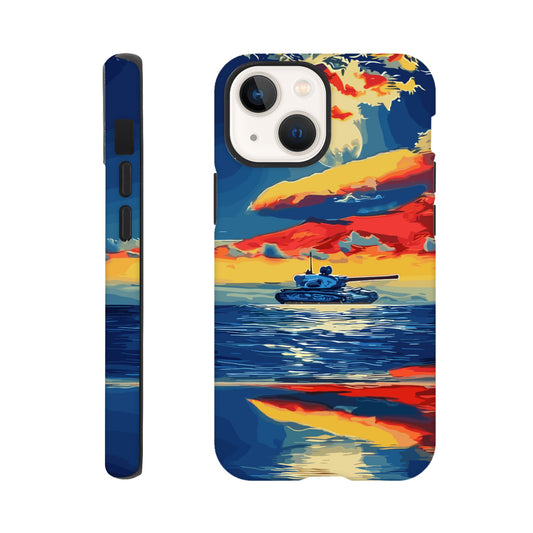 An Apple iPhone 13 Mini Phone Case with the following design on it : A tank is sailing on the sea, with colorful clouds in the sky and a sunset reflection on the water surface, the style of an oil painting. The main colors of red, blue, yellow and orange are presented in a flat illustration