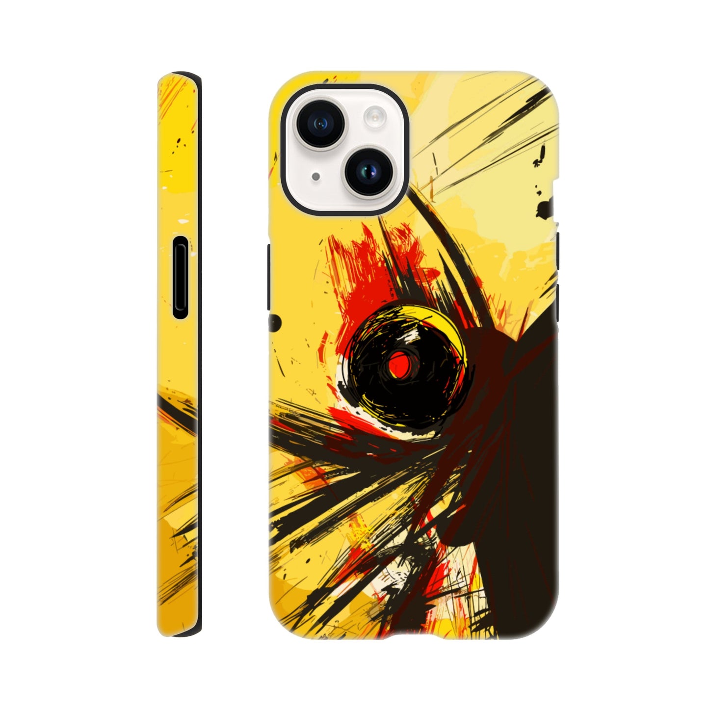 An Apple iPhone 14 Phone Case with the following design on it : Abstract drawing of a humanoid insect hybrid figure,  red and black colors. In the style of comic brush strokes that creates a kind of frenetic energy with a light yellow background.