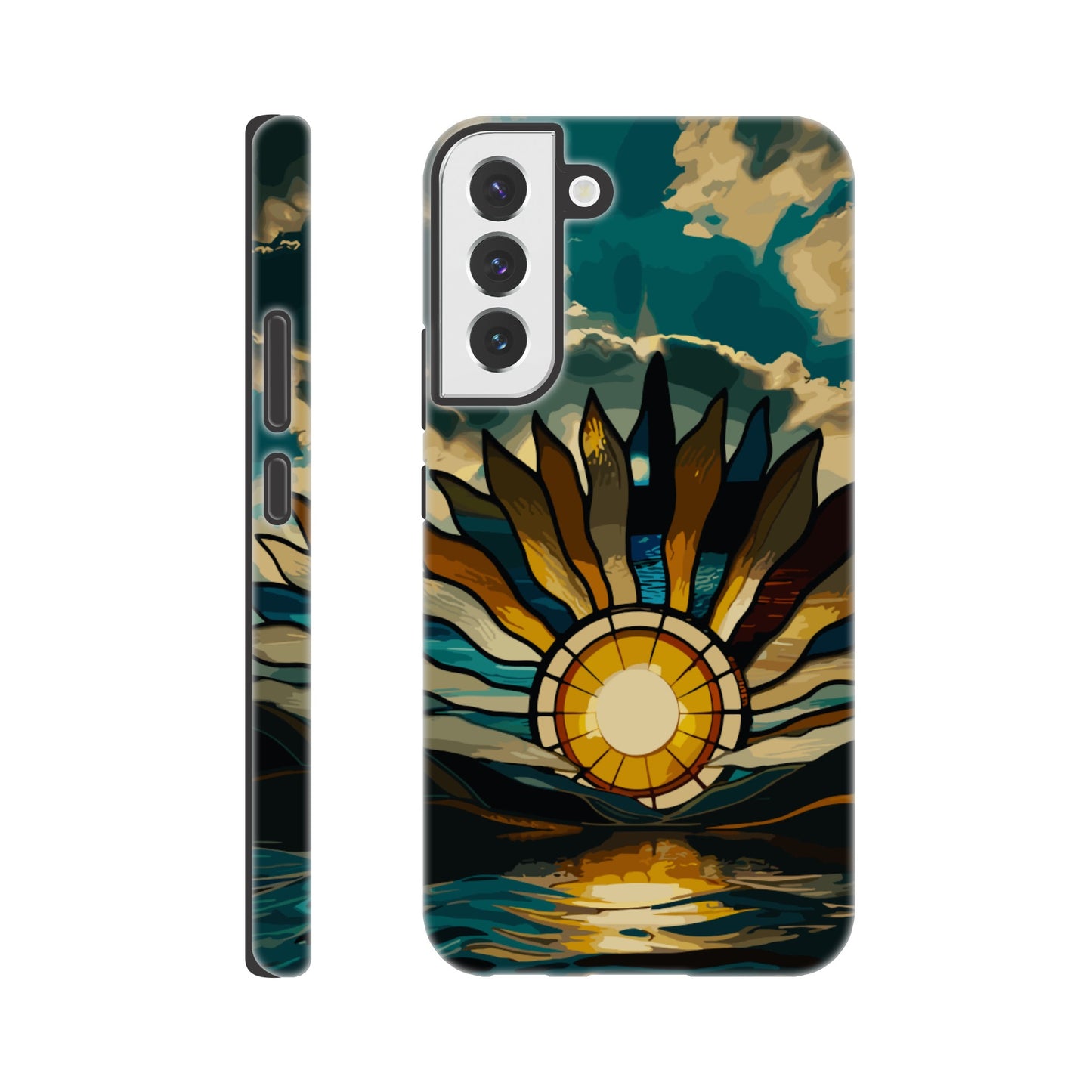 A Samsung Galaxy S22 Plus Phone Case with the following design on it: A giant stained glass sun, with rays of light reflecting on the water below, in a cinematic, epic, fantasy art style