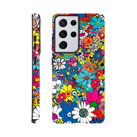 A Samsung Galaxy S21 Ultra Phone Case with the following design on it : Lots of retro looking flowers of multiple colors with no discernible arrangement against a white background. 