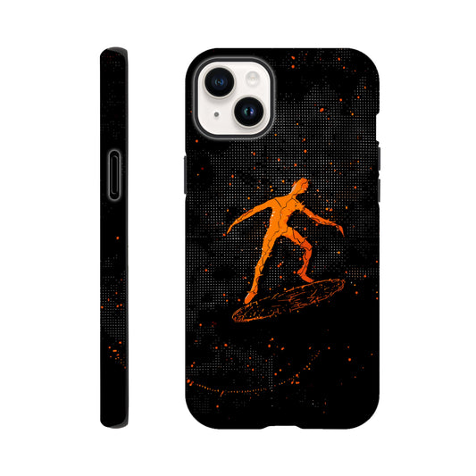 An Apple iPhone 14 Plus Phone Case with the following design on it : orange glowing silhouette of a male surfer against a black background, in the style of digital art, dark orange and light amber, pointillist dot paintings, high resolution, symmetrical grid-like patterns, minimalist figures, glitched edges