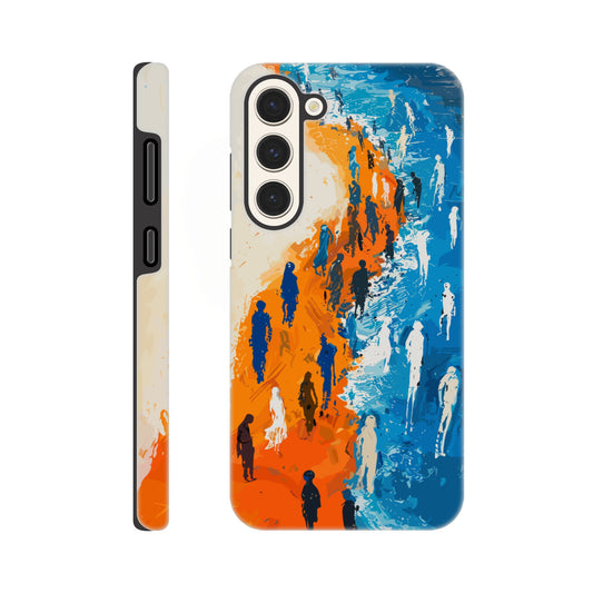 A Samsung Galaxy S23 Plus Phone Case with the following design on it - the Sahara desert pouring into a beautiful ocean while a large group of non distinct human forms wade through the shallows as well as walk along the new shore, blue, orange, white, style of fauvism