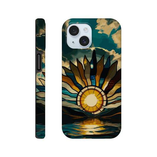 An iPhone 15 Phone Case with the following design on it: A giant stained glass sun, with rays of light reflecting on the water below, in a cinematic, epic, fantasy art style