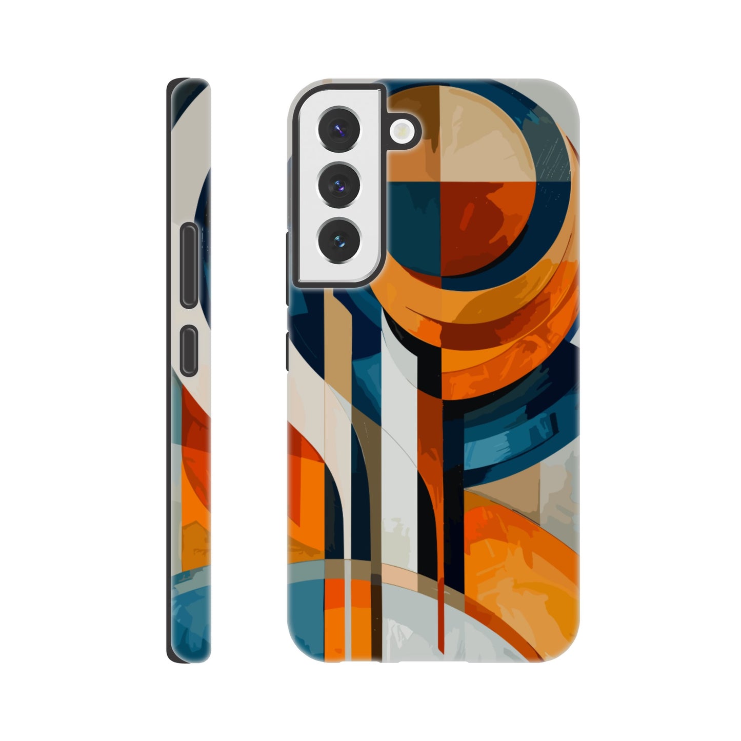 A Samsung Galaxy S22 Phone Case with the following design on it: An abstract painting of an orange, blue and white circular design with lines in the style of cubism. The shapes create visual harmony by creating balance between soft curves and sharp angles. It uses flat color to give depth through gradients. There is an emphasis on the use of light and shadow. In some places there's an airbrush effect.