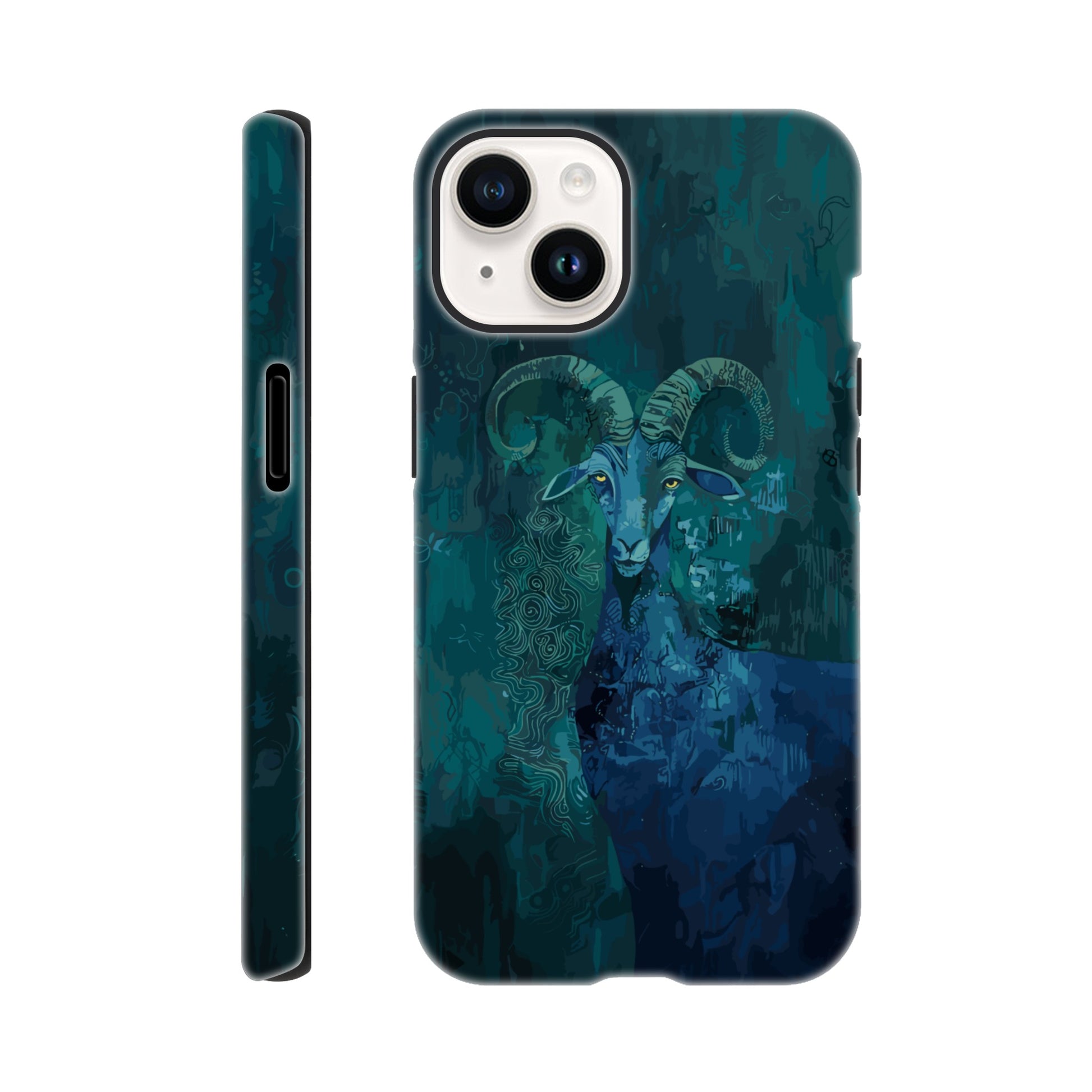 An Apple iPhone 14 Phone Case with the following design on it - a Sea Goat, the symbol of the zodiac sign for capricorn, fabric painting, dark green, indigo