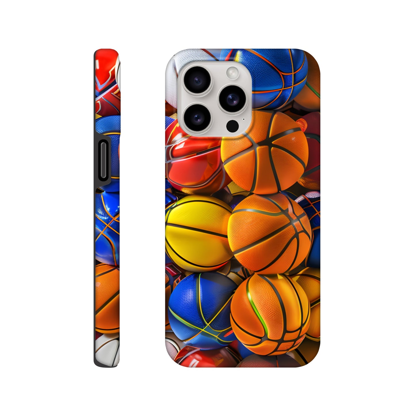 An Apple iPhone 15 Pro Max Phone Case adorned with an image of a lot of basketballs, of a variety of primary colors, in the form of cube