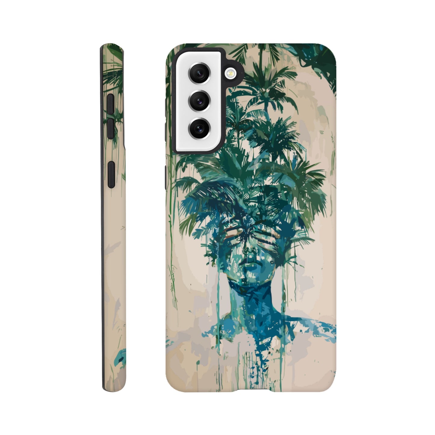 A Samsung Galaxy S21 Plus phone case with the following design -the soulless look on the face of either a female or male human form that is self possessed and obscured by a dozen palm trees, green, blue, white, surrealism meets fauvism