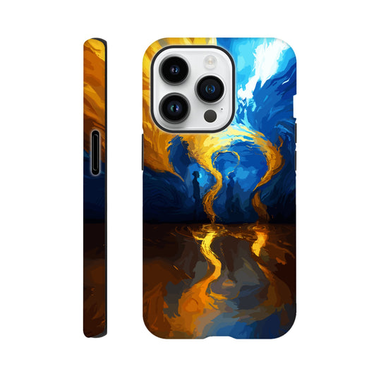 An iPhone 14 Pro Phone Case with the following design on it -An abstract image of flowing thunder/lightning and waves. The colors of blue, orange, and yellow. There are two human forms facing each other in the middle of the image.