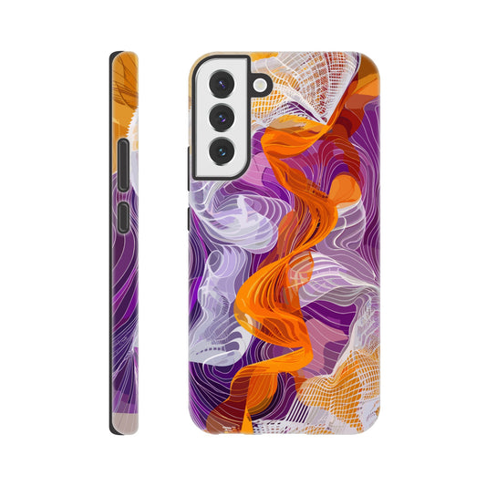 A Samsung Galaxy S22 Plus Phone Case with the following design on it - A modern digital art piece of an abstract representation of waves and swirls, with orange and purple hues, composed from flowing lines in a white mesh pattern, creating the illusion that they flow like ribbons or threads. The background is a gradient of these colors, adding depth to the composition. This artwork symbolizes movement, fluidity, and dynamic energy through its intricate design.