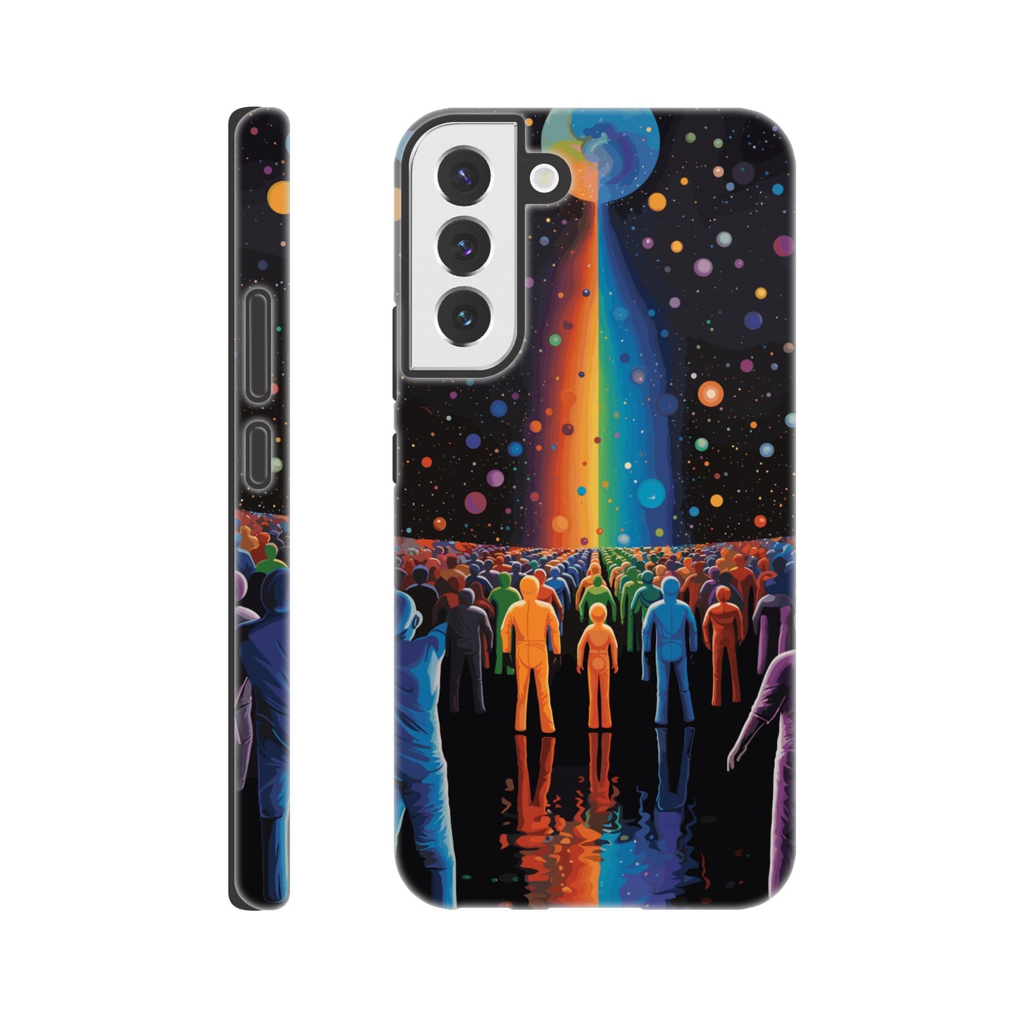 A Samsung Galaxy S22 Plus Phone Case with the following design on it : A cartoonish image of a colorful crowd of people on the surface of an alien planet, with rainbows and stars in the background. The design incorporates different colors to create a visually appealing composition. The lighting creates a sense of depth and dimension. The overall effect conveys wonderment and excitement as if looking out into space