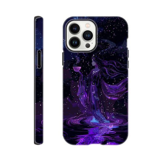 An Apple iPhone 13 Pro Max Phone Case with a design of the aquarius astrological zodiac symbol, purple, red, turquoise, 3d, pop art