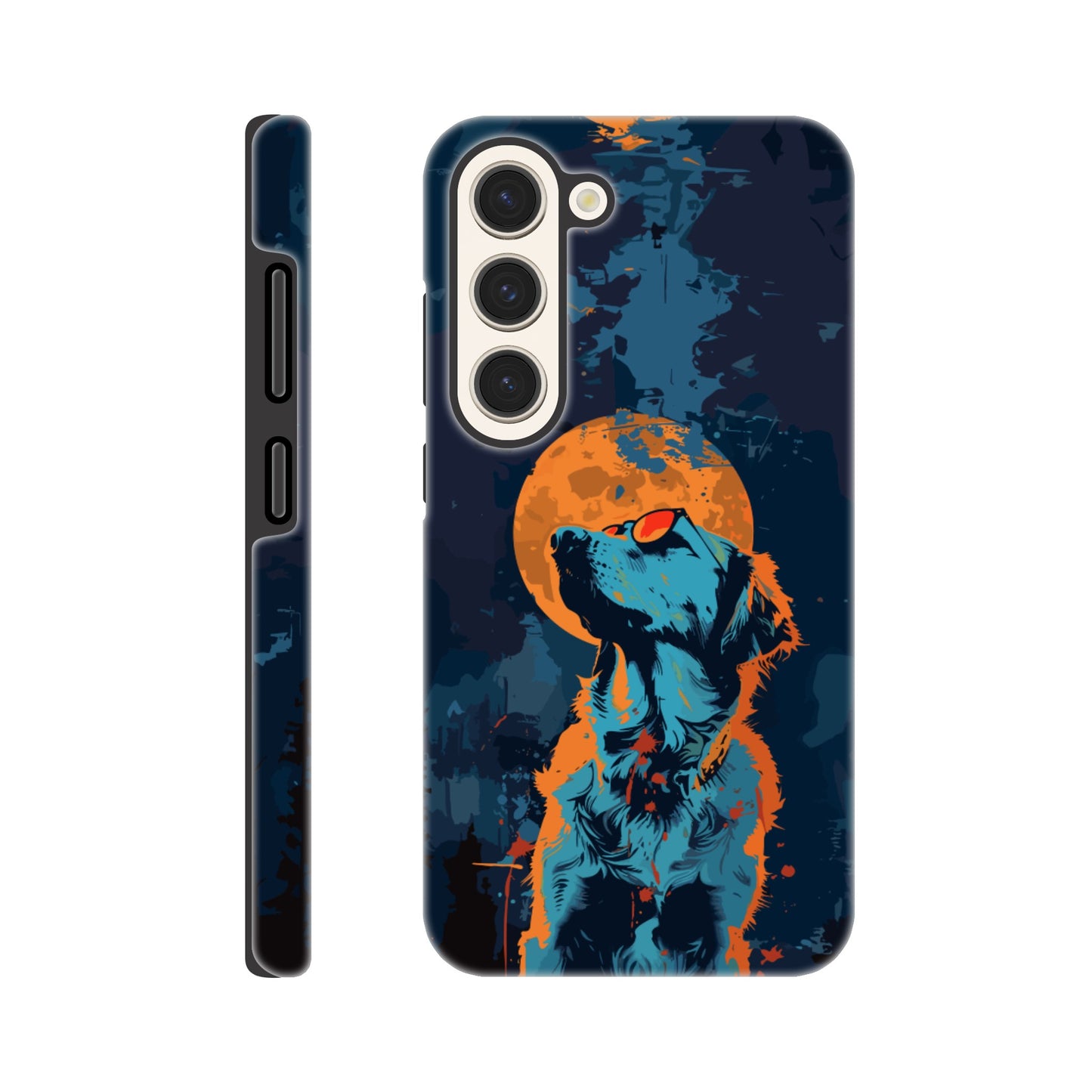 A Samsung Galaxy S23 Phone Case with the following design on it - A golden retriever dog with the moon behind it in a blue and orange color scheme, a night forest background, flat vector art with dark blue and light amber colors, a cyberpunk aesthetic