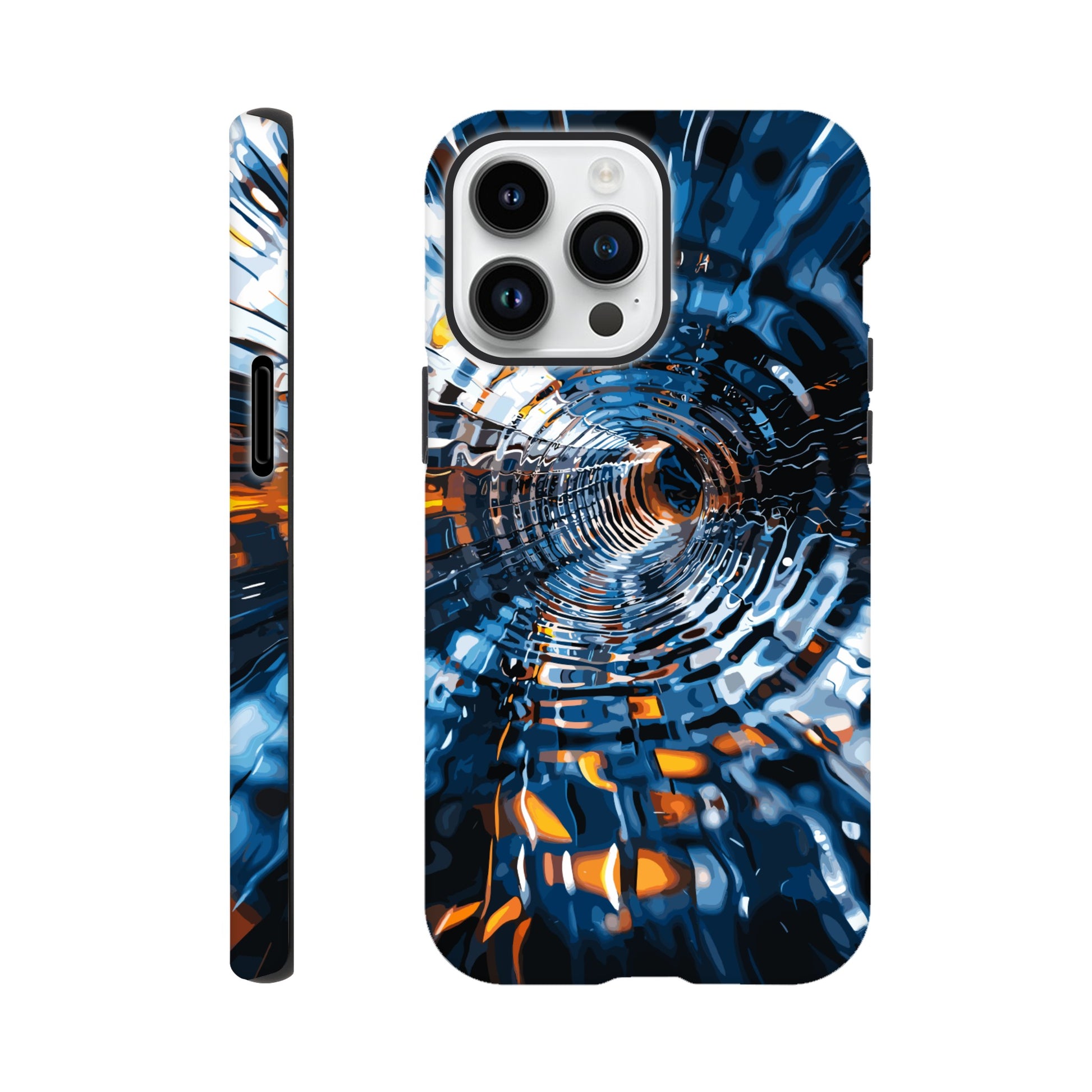 An Apple iPhone 14 Pro Max Phone Case with the following design on it: abstract futuristic tunnel made of chrome and glass, motion blur, dark blue background, orange highlights. The tunnel was created in the style of an abstract futuristic design using chrome and glass with a motion blur effect against a dark blue background highlighted with orange