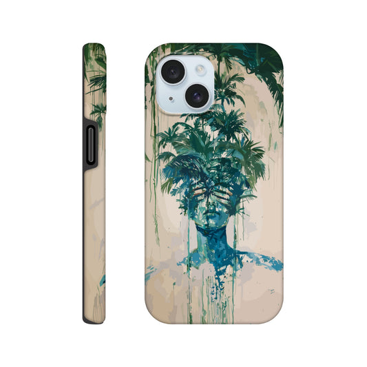 An Apple iPhone 15 phone case with the following design on it -the soulless look on the face of either a female or male human form that is self possessed and obscured by a dozen palm trees, green, blue, white, surrealism meets fauvism