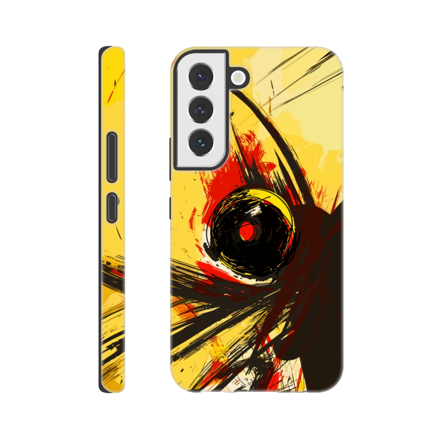 A Samsung Galaxy S22 Phone Case with the following design on it : Abstract drawing of a humanoid insect hybrid figure,  red and black colors. In the style of comic brush strokes that creates a kind of frenetic energy with a light yellow background.