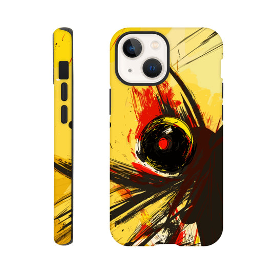 An Apple iPhone 13 Mini Phone Case with the following design on it : Abstract drawing of a humanoid insect hybrid figure,  red and black colors. In the style of comic brush strokes that creates a kind of frenetic energy with a light yellow background.