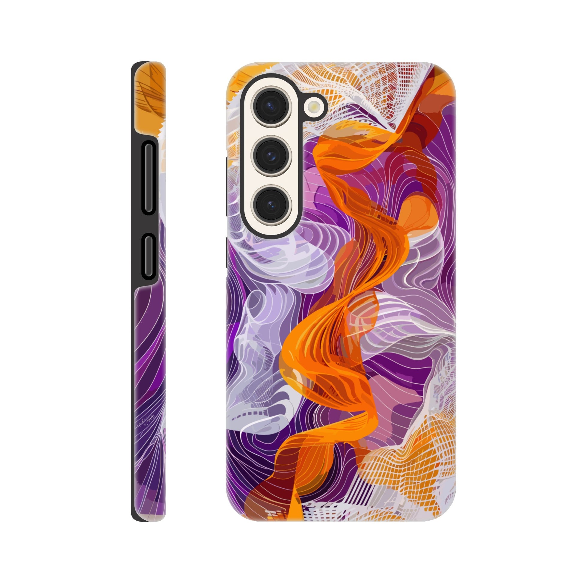 A Samsung Galaxy S23 Phone Case with the following design on it - A modern digital art piece of an abstract representation of waves and swirls, with orange and purple hues, composed from flowing lines in a white mesh pattern, creating the illusion that they flow like ribbons or threads. The background is a gradient of these colors, adding depth to the composition. This artwork symbolizes movement, fluidity, and dynamic energy through its intricate design.